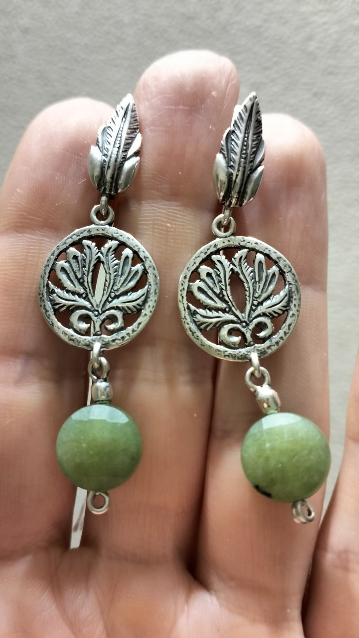 Срібні сережки з зеленим нефритом, фото 1