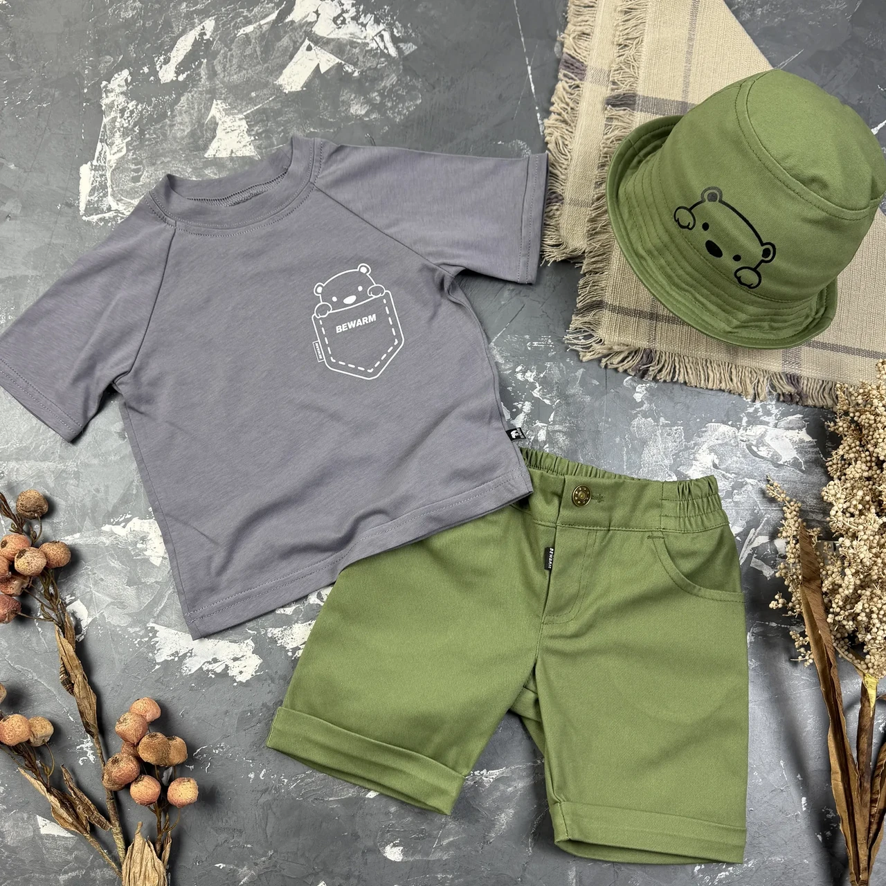 Костюм prettybear шорти + футболка + панамка дитячий Оливка/Графіт