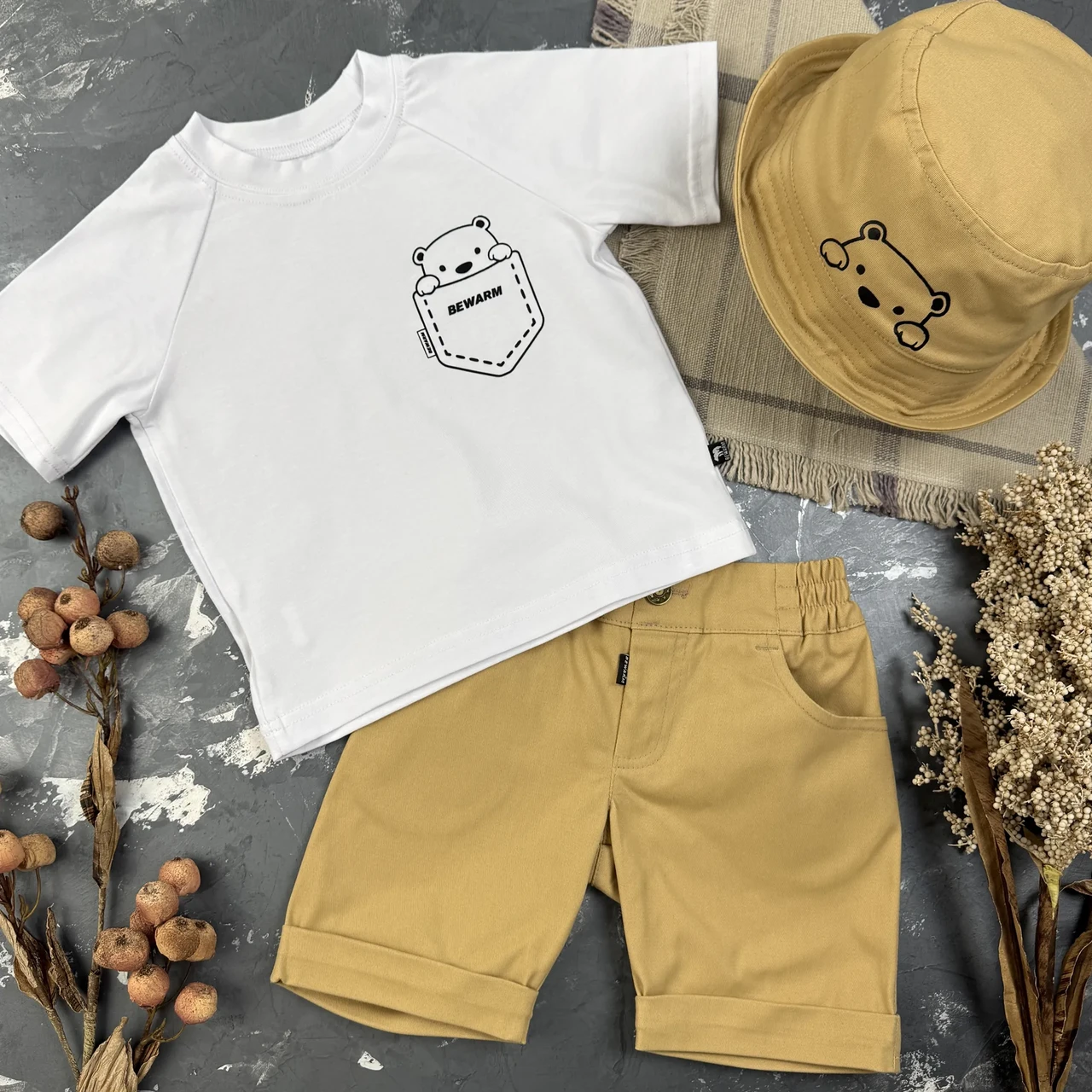 Костюм prettybear шорти + футболка + панамка дитячий Беж/Білий