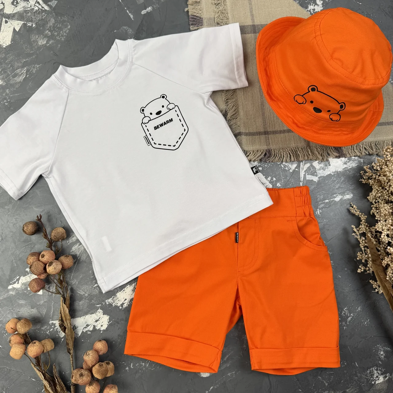 Костюм prettybear шорти + футболка + панамка дитячий Оранж/Білий