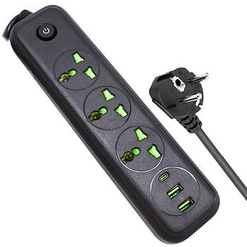 Мережевий фільтр 2м, 2500Вт, 3х220Вт, 2хUSB, 1хType-C / Подовжувач з вимикачем / Переноска-розетка