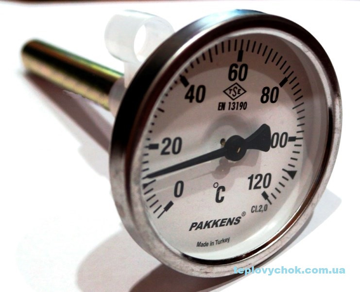 Термометр 0-120°С, Ø63мм, з різьбою 1/2 "біметалічний, осьовий, PAKKENS, фото 1