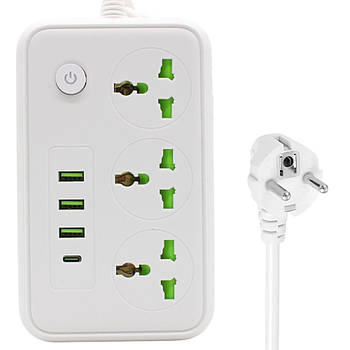 Мережевий фільтр 2м, 2500Вт, 3х220Вт, 3хUSB, 1хType-C / Переноска-розетка / Подовжувач з вимикачем