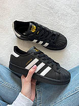 Кросівки Adidas Superstar Black White Чоловічі Жіночі Адідас Суперстар чорно-білі шкіра демісезон, фото 3