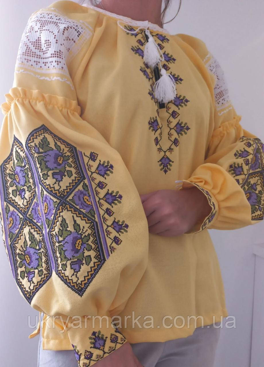 Жовта вишиванка з фіолетовими квітам "Ірисовий сад"