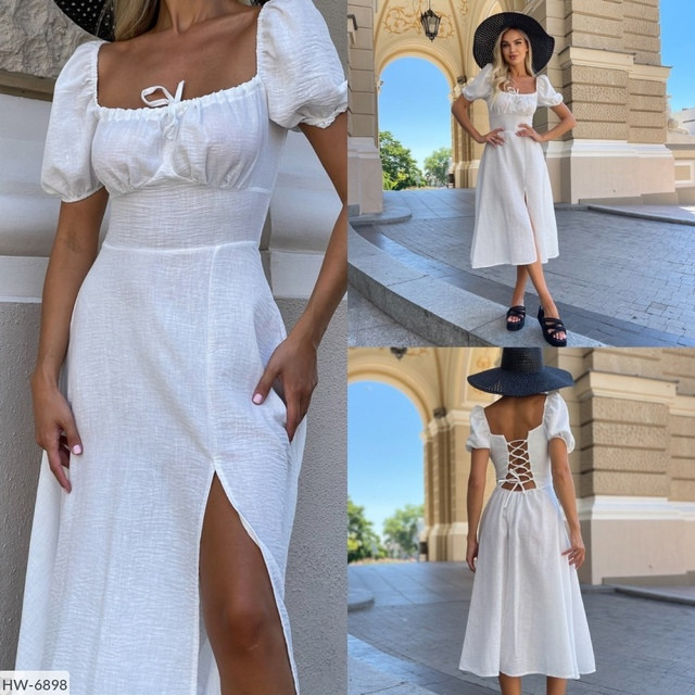 Красиве класичне плаття за коліно міді зі шнурівкою на спині та розрізом на нозі спідниця трапеція арт318