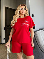 Жіночий літній спортивний костюм футболка з надписом і шорти з двонитки (Батал), фото 2