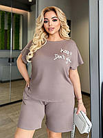 Жіночий літній спортивний костюм футболка з надписом і шорти з двонитки (Батал), фото 6