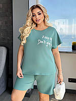 Жіночий літній спортивний костюм футболка з надписом і шорти з двонитки (Батал), фото 5