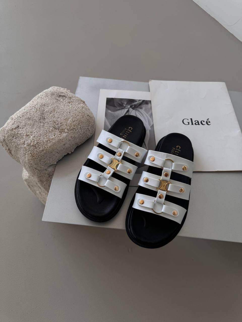 Тапочки жіночі білі CELINE TIPPI SLIDES WHITE / BLACK (21335), фото 1
