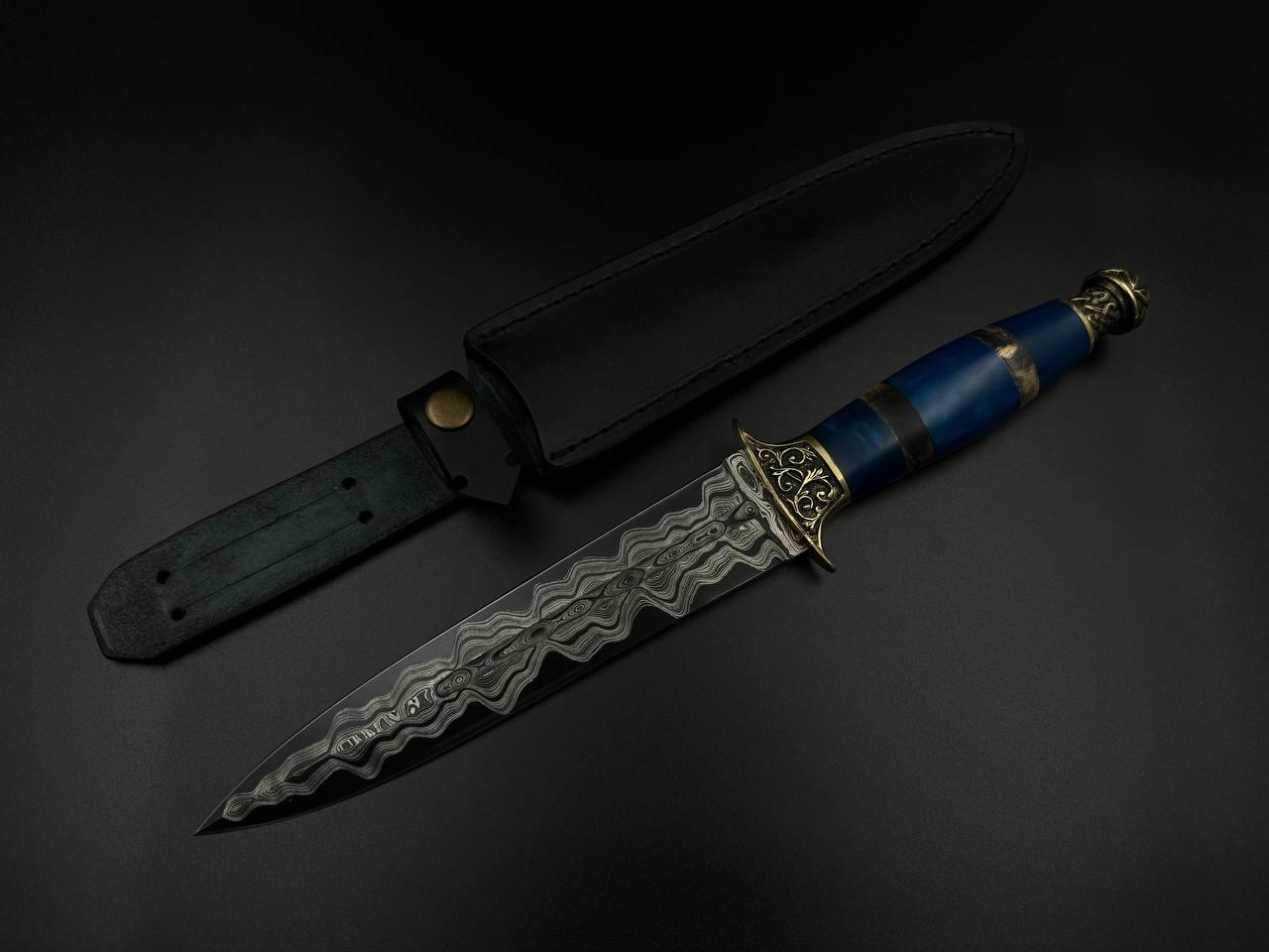 Кортик ручної роботи «Кварц #3» із дамаська зі шкіряними піхвами, 61 HRC., фото 1