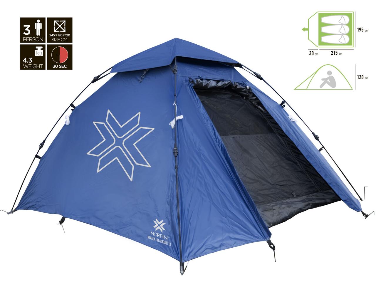 Тримісний намет Norfin Nivala Blackout 3 | Двошарова трекінгова палатка з напівавтоматичним швидко збірним каркасом
