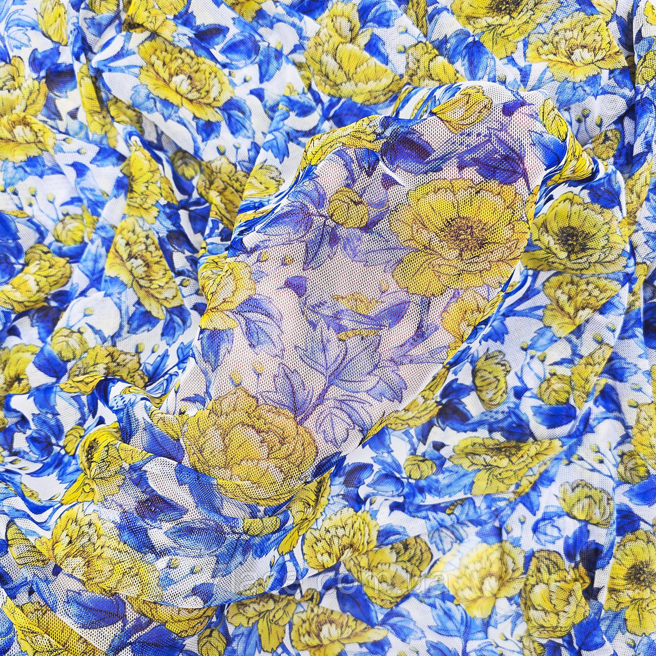 Сітка стрейч для нижньої білизни з принтом "ПІВОНІЇ" / колір ЖОВТО-БЛАКИТНИЙ / ціна вказана за 0,5 метра, фото 1
