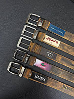 Брендовий чоловічий ремінь із натуральної шкіри, 4 см, Коричневий