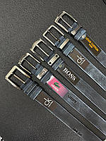 Брендовий чоловічий ремінь із натуральної шкіри, 4 см, Темно-сірий