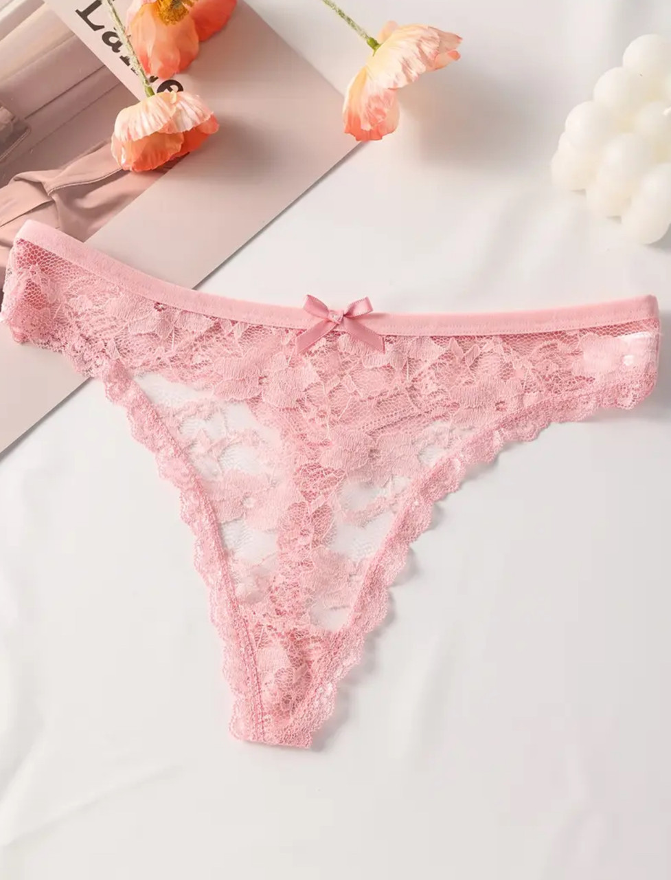 Мереживні трусики-стринги (р.M, рожеві), фото 1