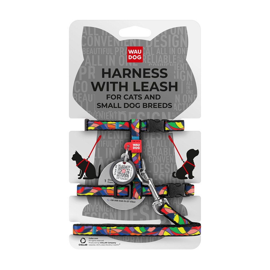 Шлея з повідцем WAUDOG Nylon з QR паспортом, малюнок "Вітраж", пластиковий фастекс, Ш 10 мм, В 25-40 см, С 20-30 см