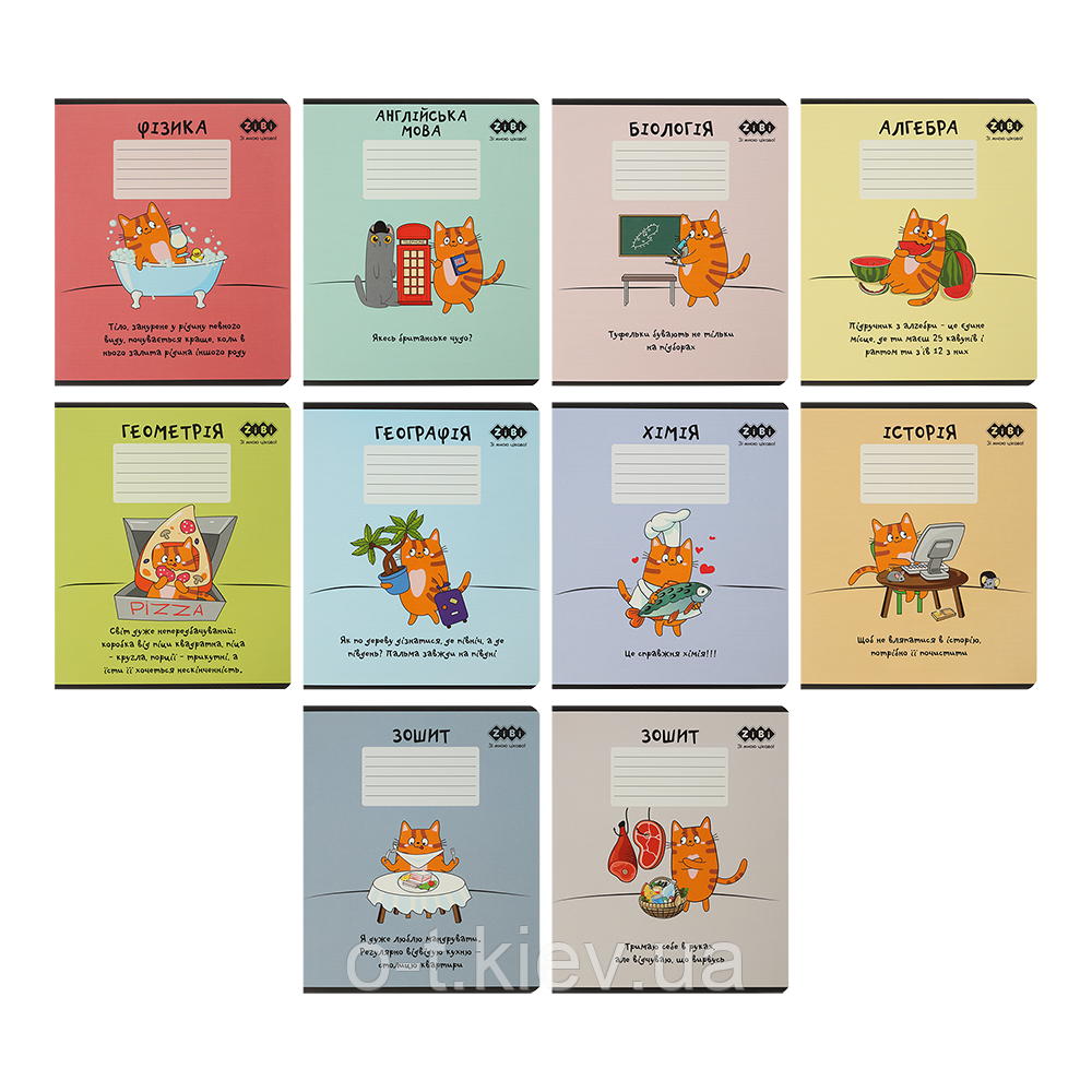 Набір зошитів учнівських загальних, 10 шт., 8 предметів, CUTE CAT, 36 арк. (ZB.1731-99), фото 1