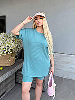 Жіночий спортивний костюм у рубчик подовжена футболка і велосипедки  рр.48-50; 52-54; 56-58, фото 7