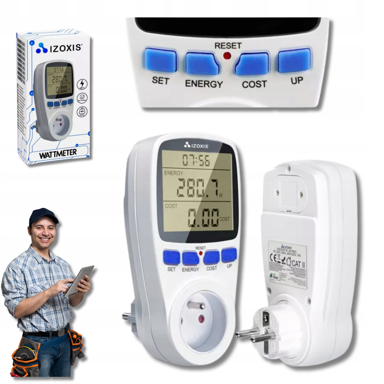 Цифровий ватметр Izoxis 23576 — 3680 Вт, розрахунок вартості, дисплей, фото 1