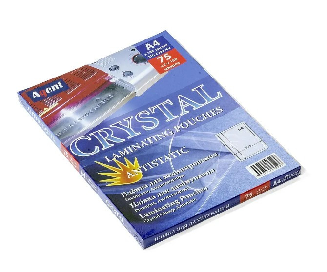 Плівка для ламінування А4 75 мкм. 100 шт/уп. Agent Crystal Antistatic, глянцева 3140007 Ламінаційна плівка для ламінатора