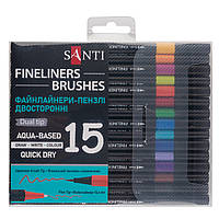 Набір файнлайнерів-пензлів SANTI 15 кольорів двосторонні