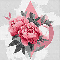 Картина за номерами 30х30 см. Геометричні фігури з півоніями Ідейка. KHO3315
