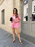 Рожевий літній жіночий лляний костюм: сорочка та шорти, фото 5