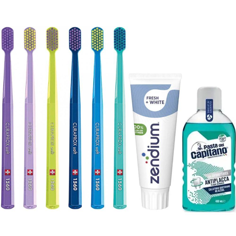 Зубна щітка Curaprox CS 1560 Soft+ паста Zendium Fresh+White для відбілювання + ополіскувач PASTA DEL CAPITANO Con Antibatterico
