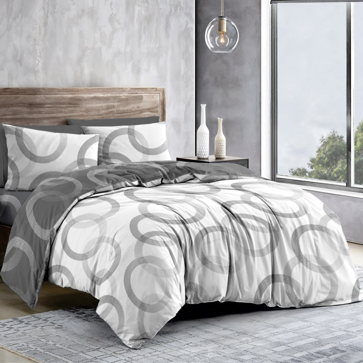 Підковдра на блискавці 145х215 (Бязь) | Полуторна підковдра від виробника "Королева Ночі" | Кільця на білому та сірому, фото 1