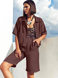 Жіночий лляний костюм з шортами літній двійка з сорочкою коричневий