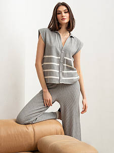 В'язаний брючний костюм жіночий з широкими штанами палаццо сірий