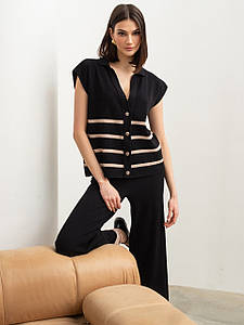 В'язаний брючний костюм жіночий з широкими штанами палаццо чорний