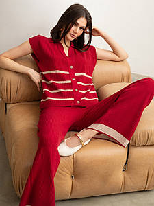 В'язаний брючний костюм жіночий з широкими штанами палаццо червоний