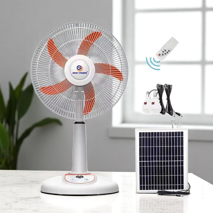 Акумуляторний вентилятор EP-2916 із сонячною панеллю, 2 лампи, пульт, 9 швидкостей, 12В/5Аг, в асортименті, фото 1