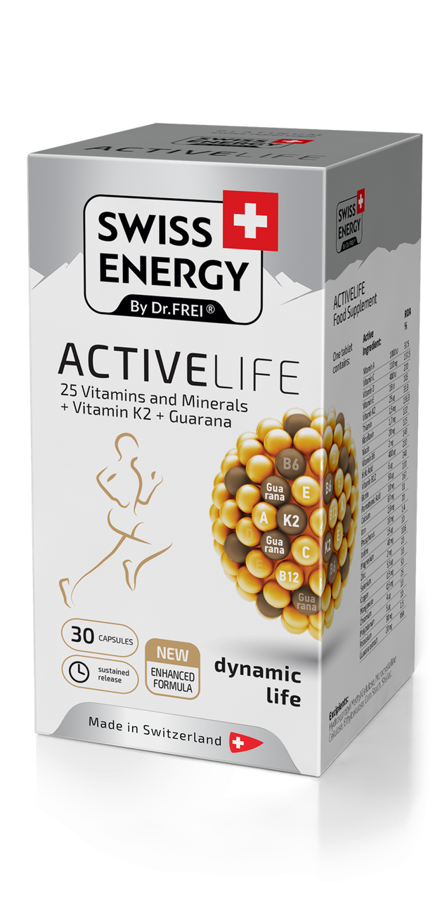 Вітаміни та мінерали з гуараною, ACTIVELIFE 25 Vitamins and Minerals+Vitamin K2+Guarana, Swiss Energy, 30 капсул