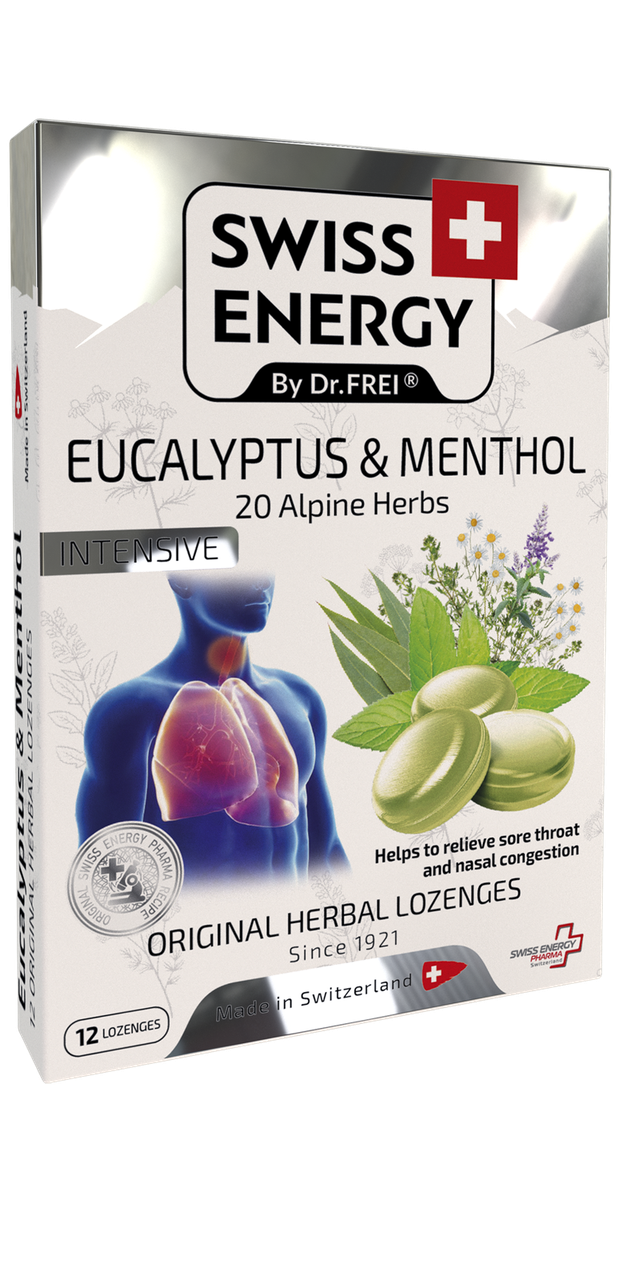 Льодяники від застуди, Herbal Lozenges Blister 20 herbs + Eucalyptus and Menthol, Swiss Energy, від кашлю, болю в горлі та