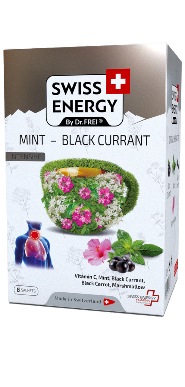 Чай від застуди, Herbal tea MINT - BLACK CURRANT, Swiss Energy, від кашлю, болю в горлі та закладеності носа, альпійські трави,, фото 1