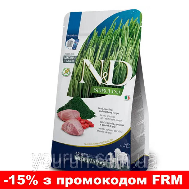 Сухий беззерновий корм Farmina N&D SPIRULINA для дорослих собак середніх і великих порід з ягням 2 кг