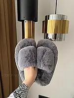 Пушистые женские комнатные тапки графитового цвета из экомеха с открытым носком, тапочки для дома