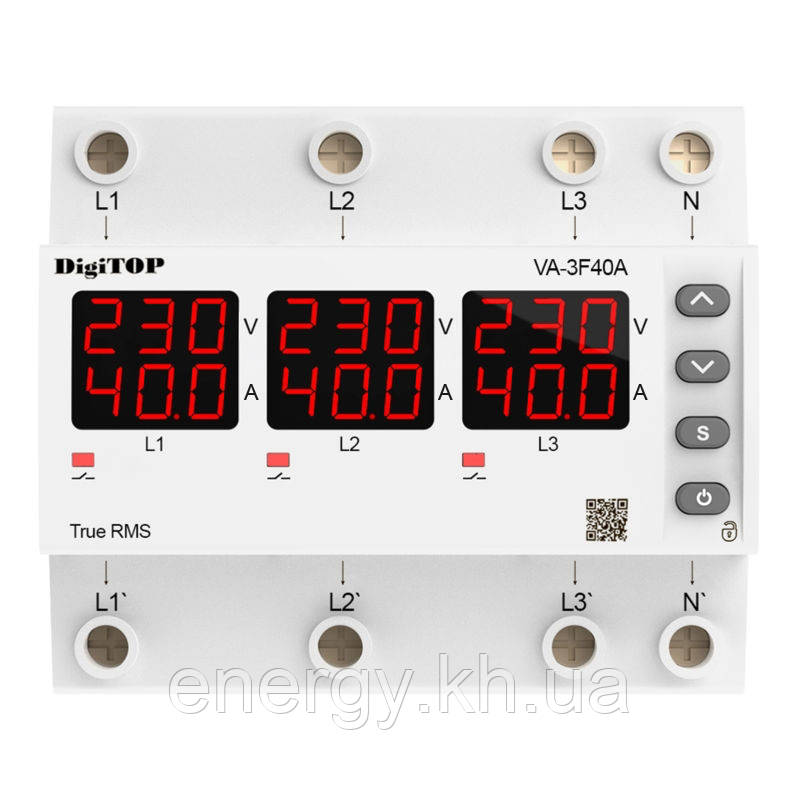 Трифазне Реле напруги з контролем струму 40А – VA-3F40A M6R DigiTOP, фото 1