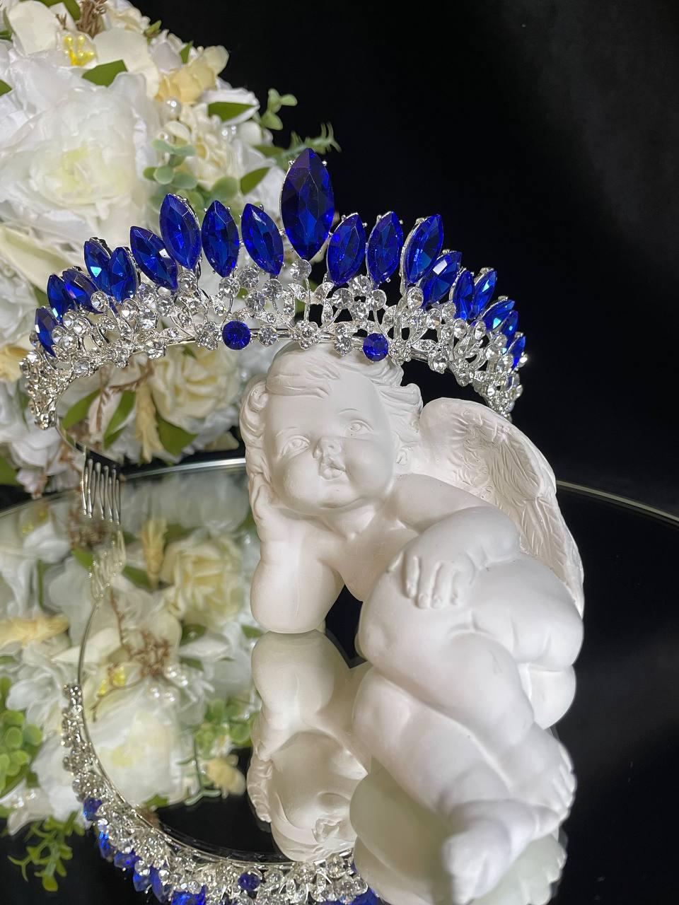 Діадема на голову Срібло з синім камінням 14х5 см Тіара для випускниць Красива корона для весільного образу, фото 1