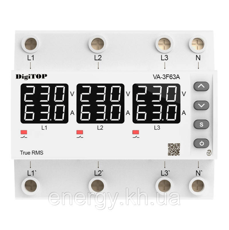 Трифазне Реле напруги з контролем струму 63А – VA-3F63A M6W DigiTOP, фото 1