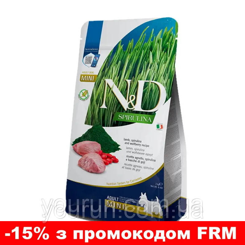 Сухий беззерновий корм Farmina N&D SPIRULINA для дорослих собак дрібних порід з ягням 2 кг