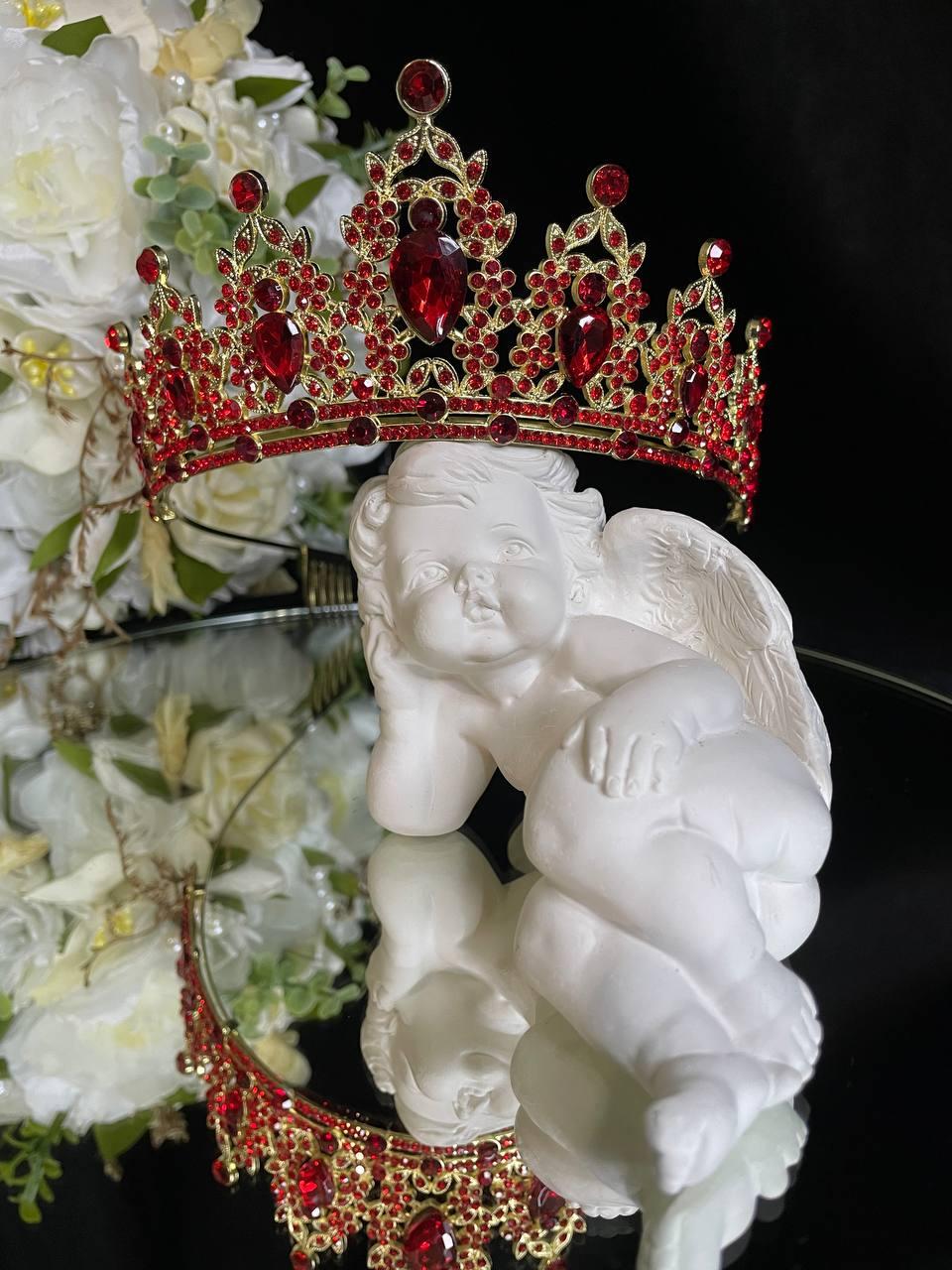 Діадема з кристалами Swarovski Золотиста з червоним камінням 14х6 см Красива діадема для нареченої, фото 1