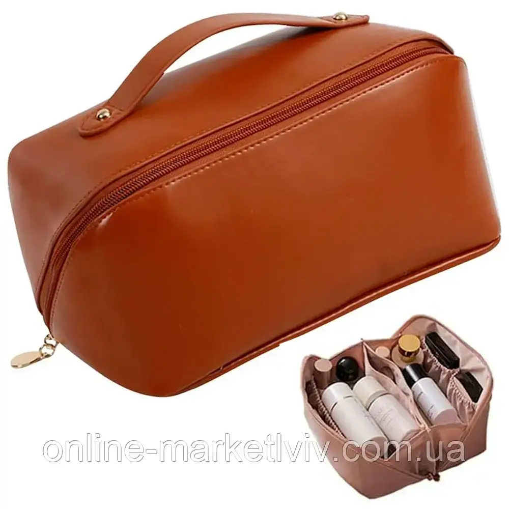 Дорожня косметичка-органайзер (23,5×13×13см), Коричневий / Жіноча косметичка / Косметичка з повним доступом, фото 1