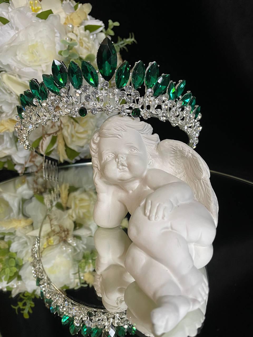 Діадема з кристалами Swarovski Зелене каміння 15х5 см Висока корона з камінням Елегантна тіара, фото 1
