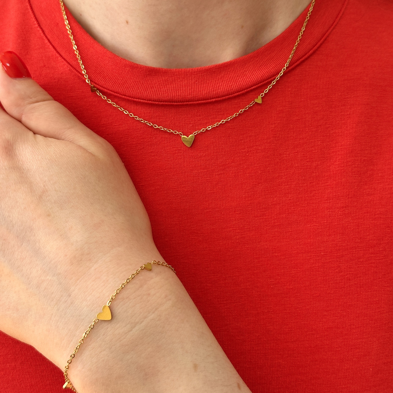 Комплект прикрас Сердечко мінімалістичне Ланцюжок і Браслет Біжутерія з медичного золота, фото 1