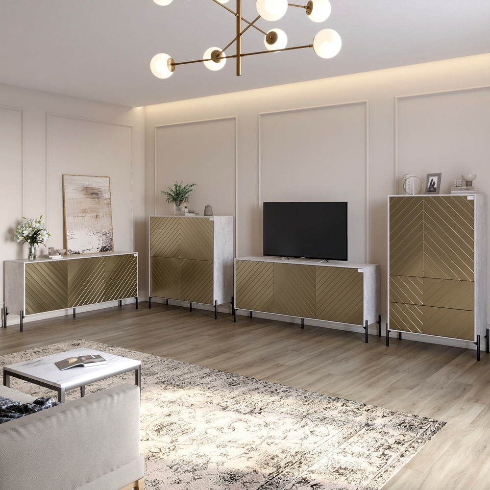 Комплект меблів для вітальні LION Амарант 4 елементи з чорними металевими ніжками Бетон/Перламутровий металік (LION-042321), фото 1