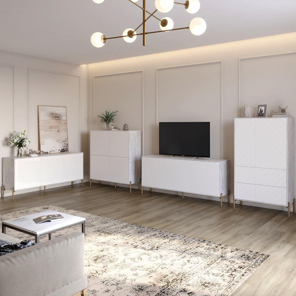 Комплект меблів для вітальні LION Амарант 4 елементи з золотими металевими ніжками Бетон/Білий (LION-042351), фото 1